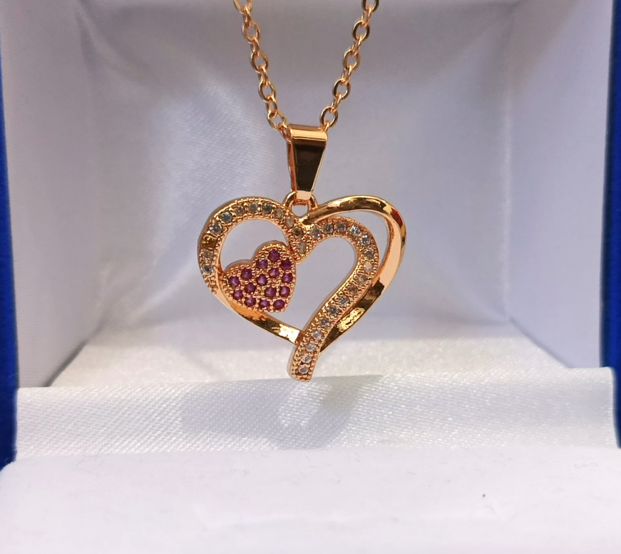 Golden Heart Shaped Necklace Stylish Jewelry Sparkling Heart Design Paved Shining