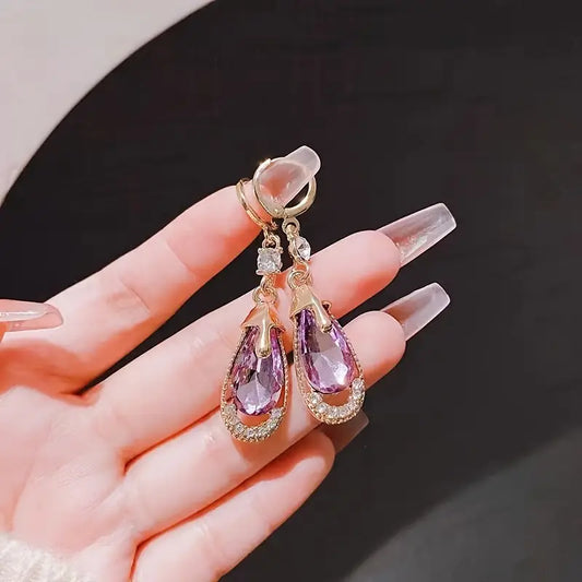 1 Pair Of Fashionable Purple Artificial Crystal Water Droplet Shaped Hollow Earrings for Women
