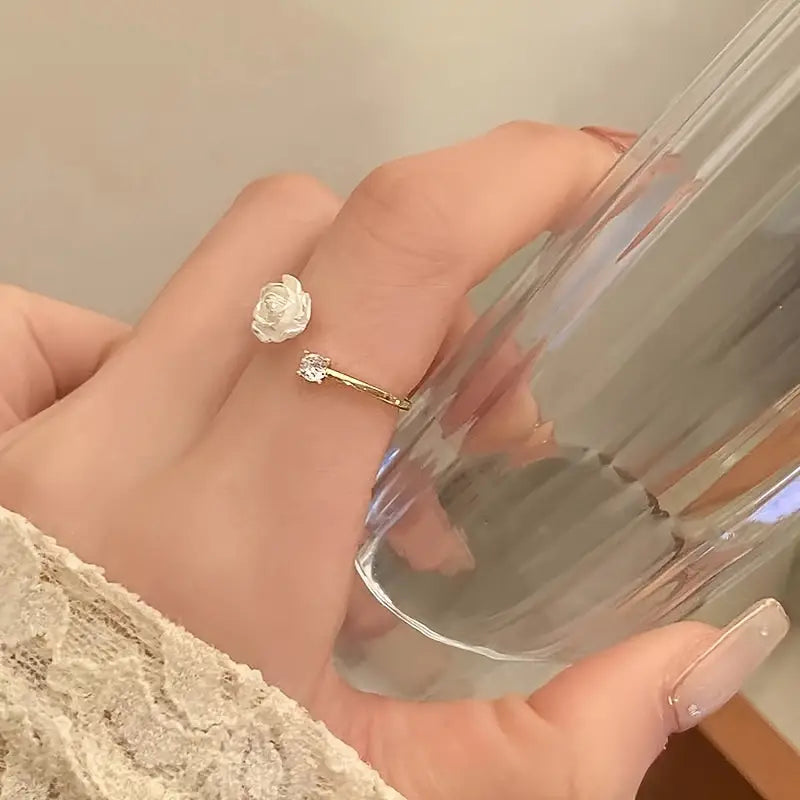 Adjustable Flower Ring With A Simple And Cute Camellia Design