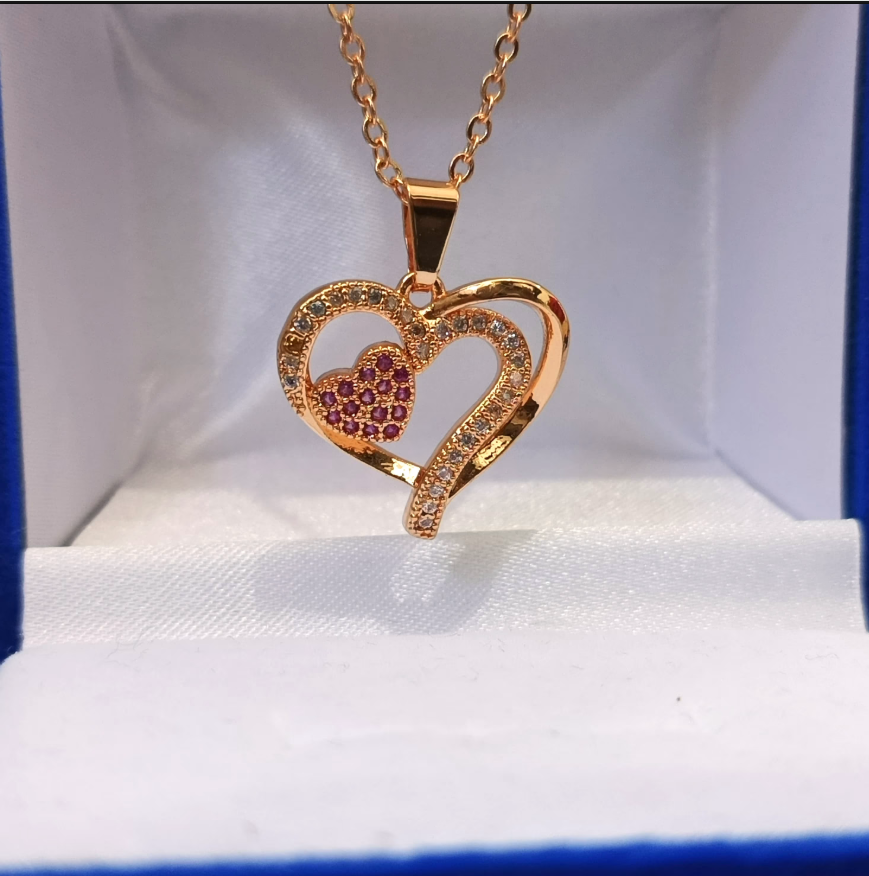 Golden Heart Shaped Necklace Stylish Jewelry Sparkling Heart Design Paved Shining
