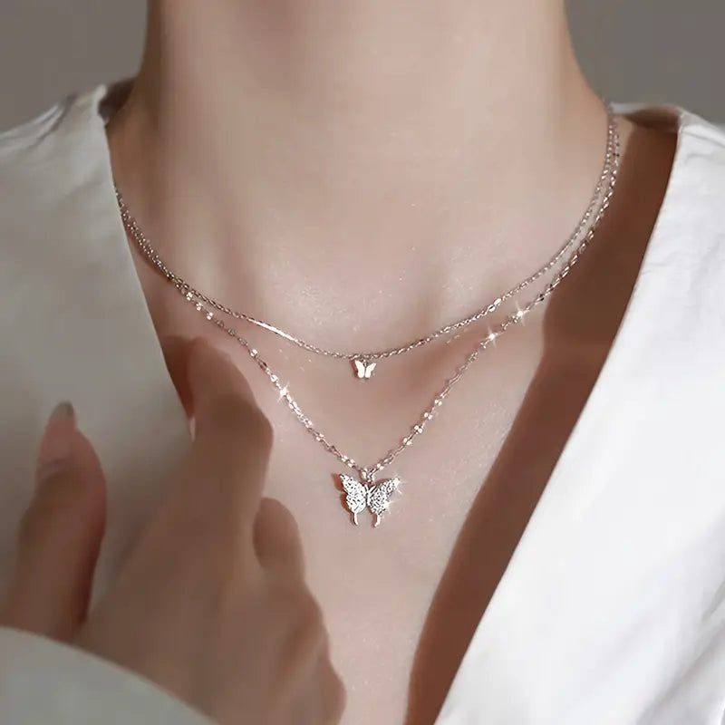 Women's Double-Layer Necklace With Butterfly Pendant, Vintage & Simple Style Elegant Jewelry Accessory