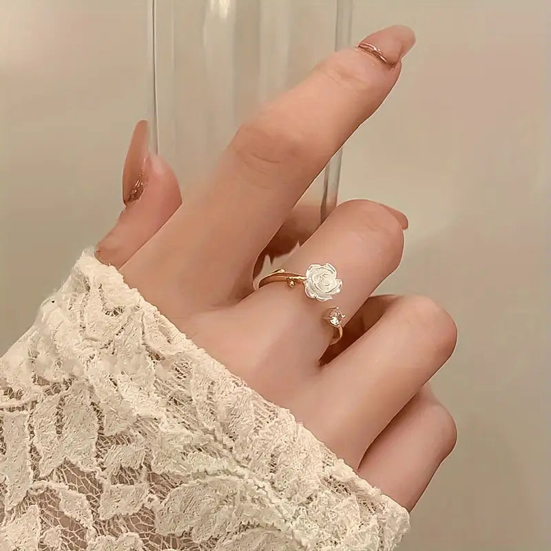 Adjustable Flower Ring With A Simple And Cute Camellia Design